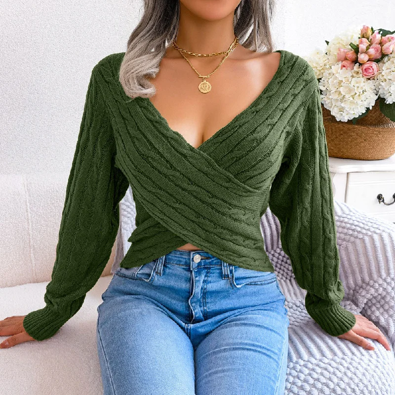 Sexy Crossover Wrap Effect V Neck Cable Knit Cropped Sweater