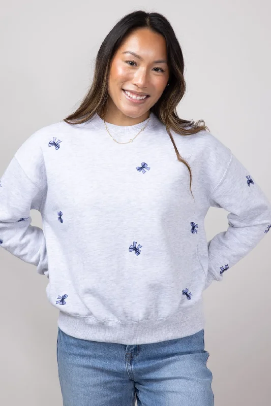 1897 Active Embroidered Bows Fleece Crewneck for Women in Ice Grey | T039-ICEGREY