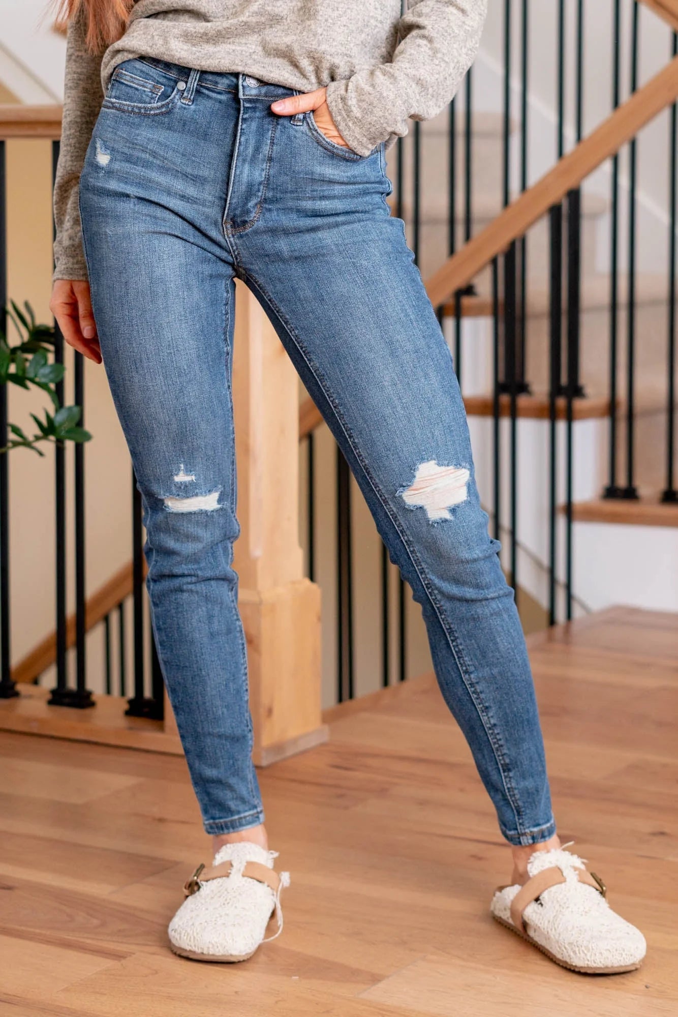 Judy Blue Mid Rise Tummy Control Distressed Slim Fit Jeans