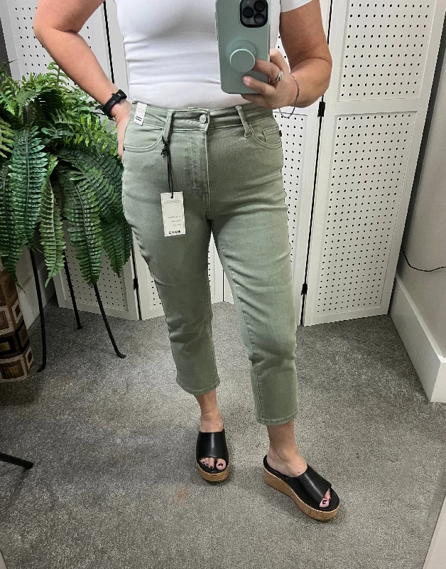 Judy Blue Mid Rise Garment Dyed Non Distressed Capri Jeans Sage