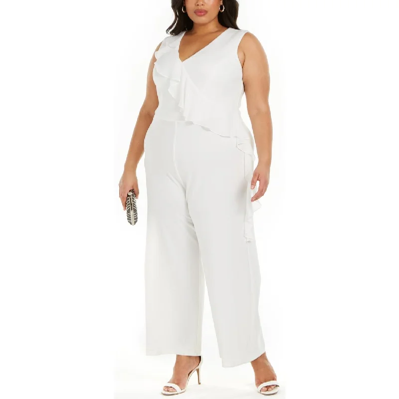 Connected Apparel Womens Plus Ruffled Wide-Leg Jumpsuit